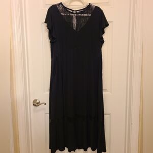 Torrid Elegant Black Maxi Dress with Lace Trim & V Neck Inset & Flutter Sleeves
